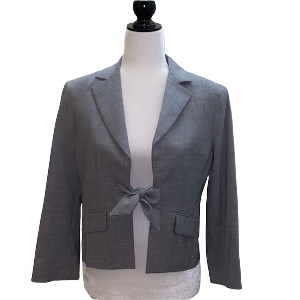 NWT BCBG MaxAzria light heather grey blazer jacket open front knot tie cropped